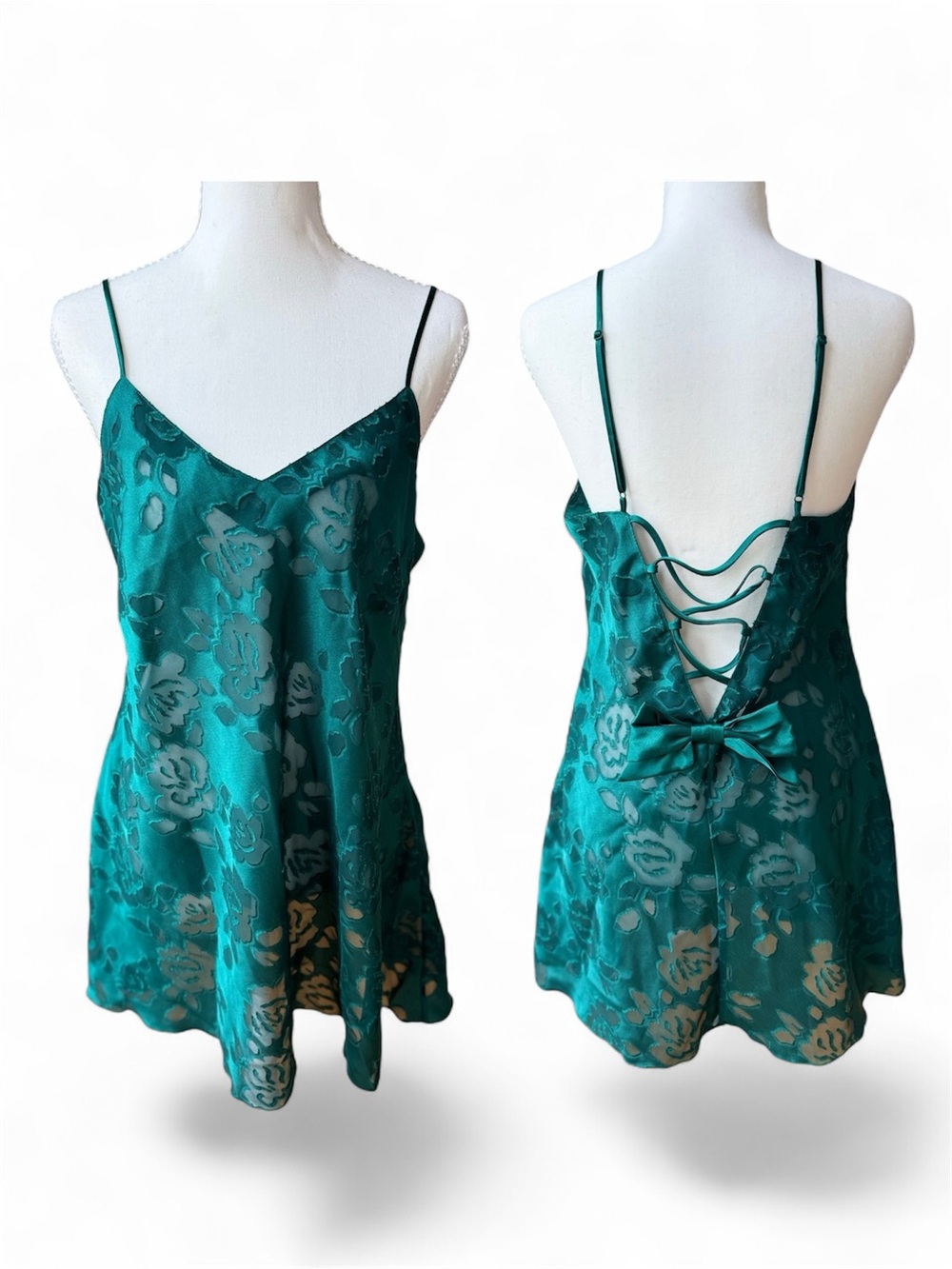 Vintage Victoria's Secret Gold Label Sheer Teal Floral Satin Slip Dress Bow Back